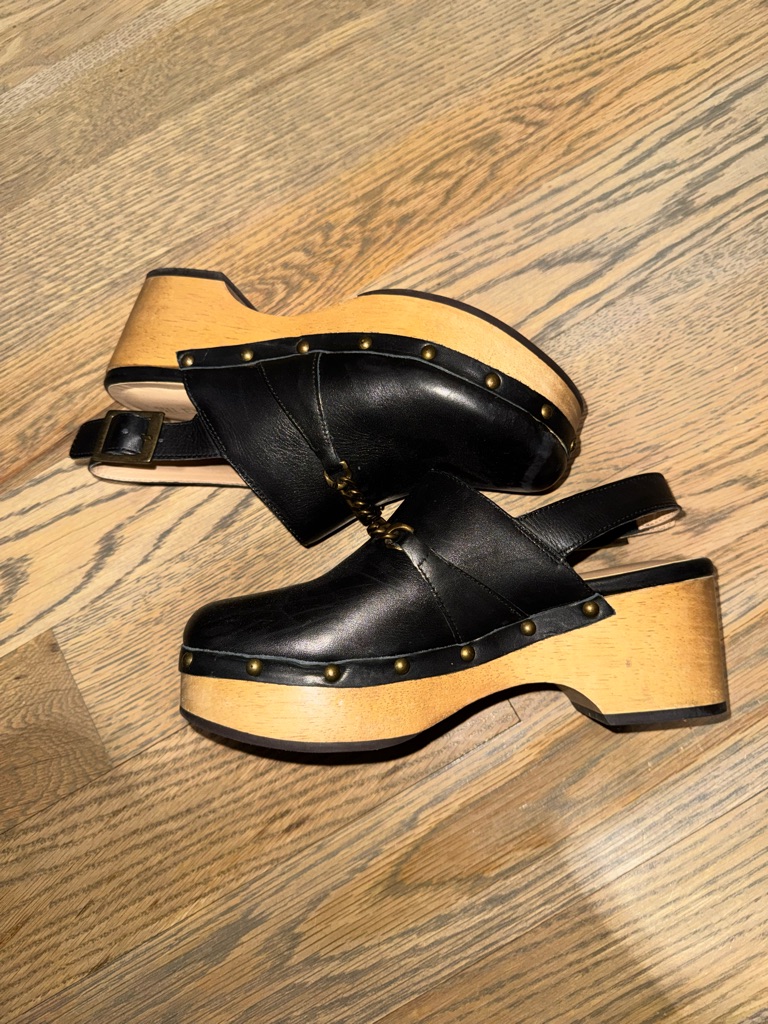 Black Leather Slingback Clogs With Wood-Effect Platform